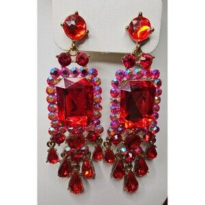 Red AB Coated Face Cut Statement Chandelier Rhinestone Earrings 3.5" x 1.5"